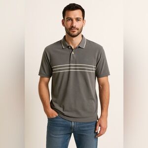 American Eagle Soft-Wash Polo Shirt | Charcoal Gray w/ Cream Stripes Large